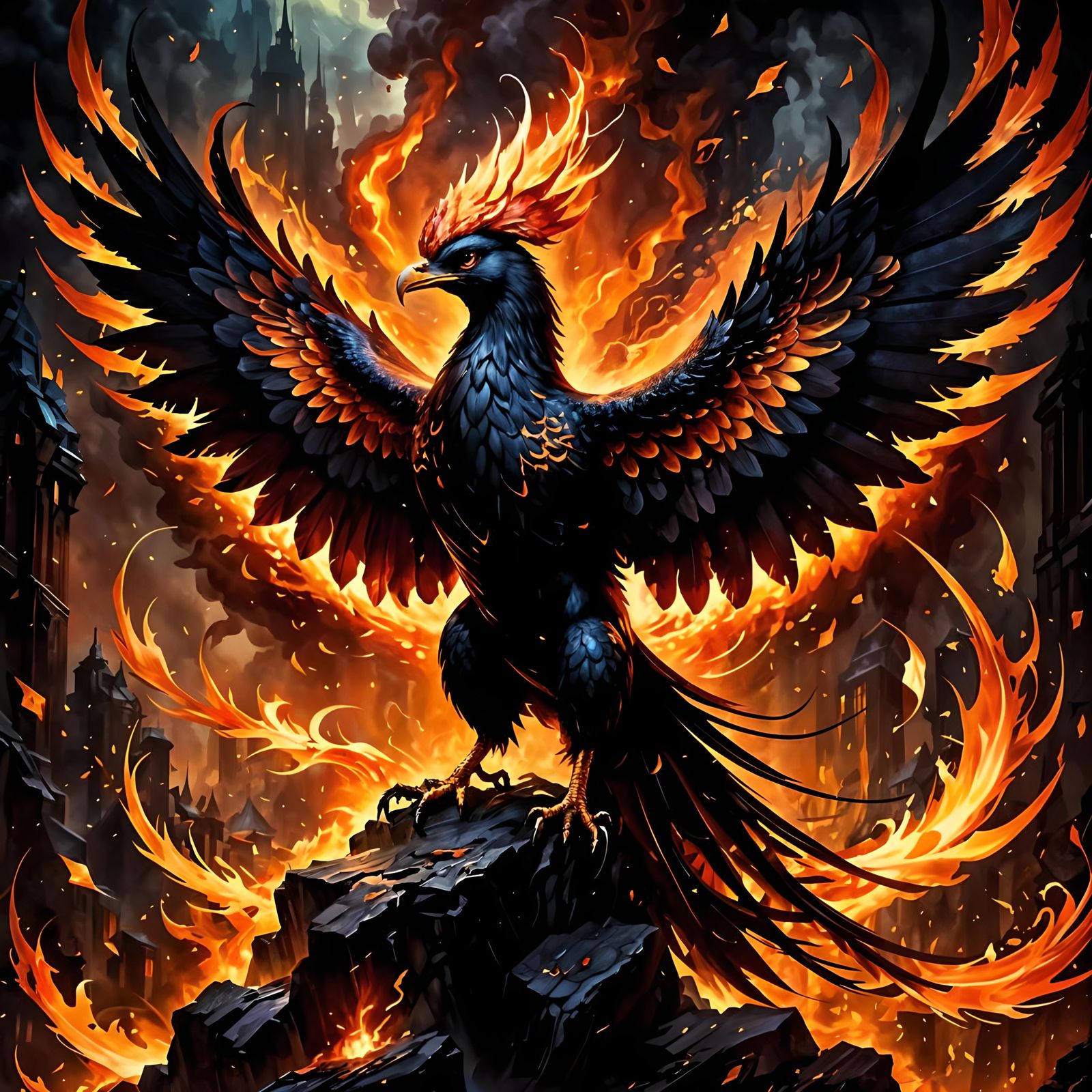 Black Phoenix Rising from Fiery Abyss
