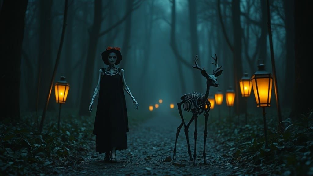 Skeletal Snow White and Fawn with Lanterns on Forest Path