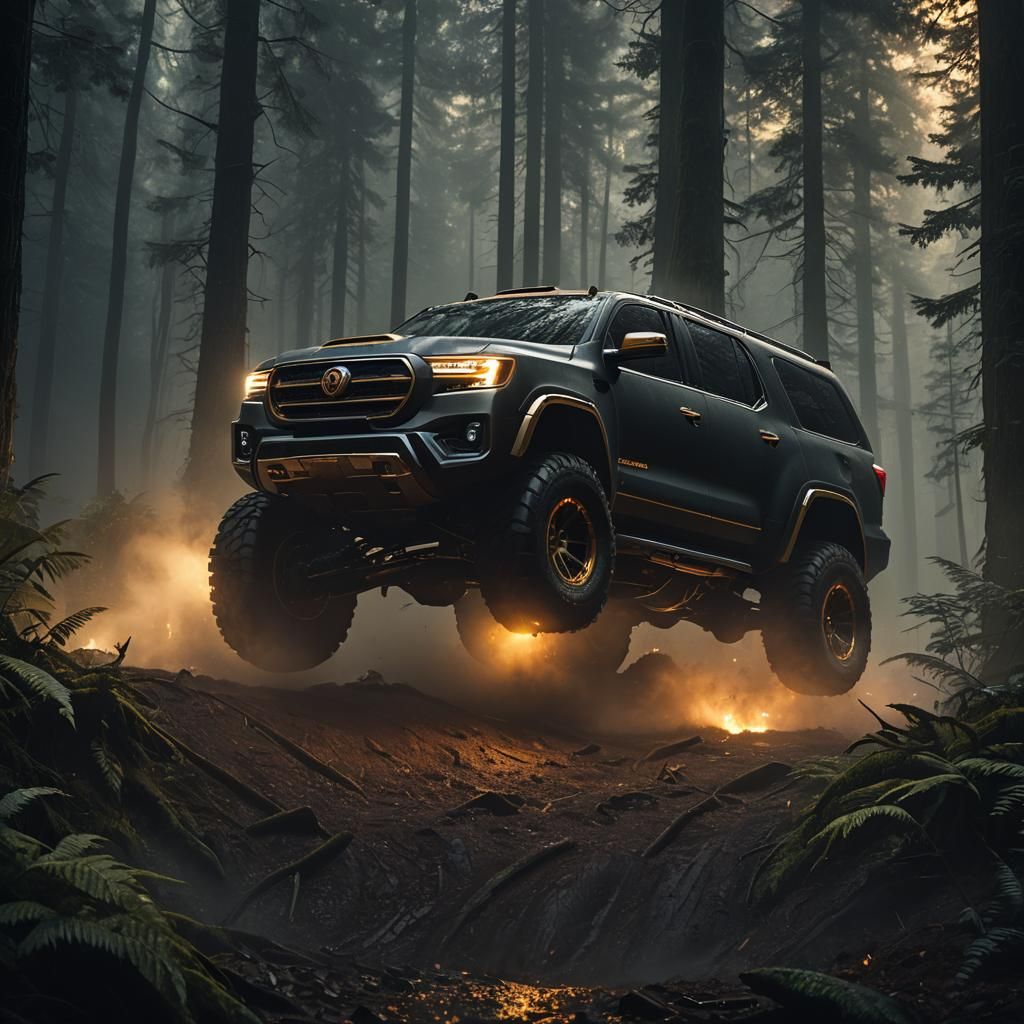 Menacing SUV Speeding Through Dark Forest, Matte Painting