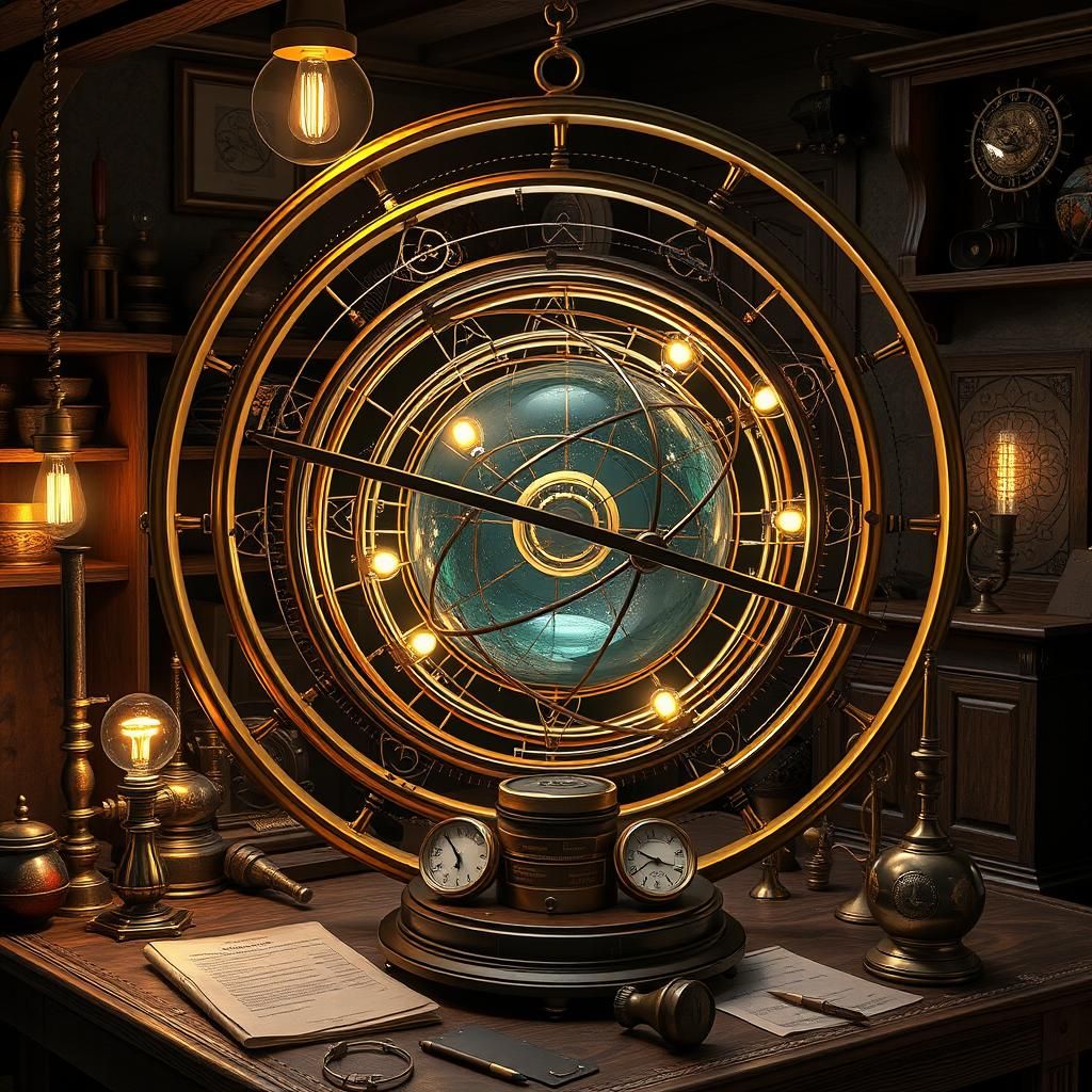 Intricate Steampunk Armillary Spheres with Gemstones
