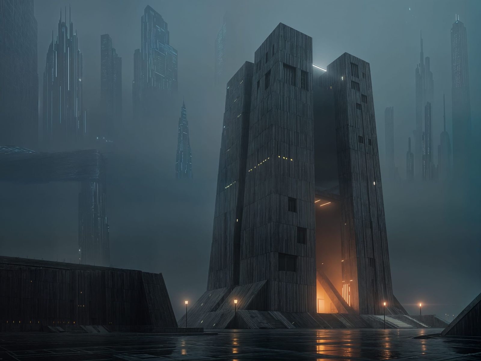Brutalist Sci-Fi Structure with Futuristic Lighting