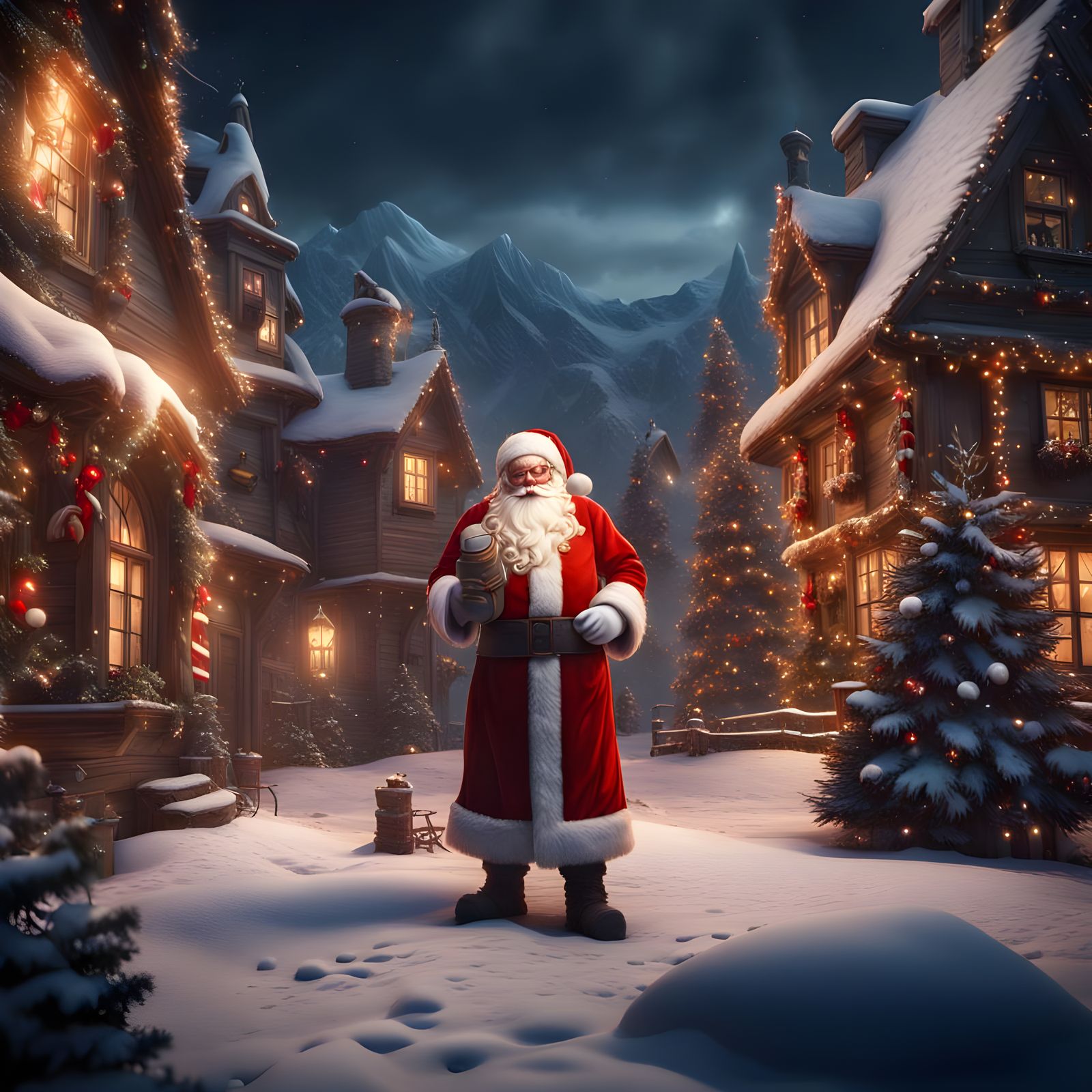 Surreal Christmas Santa Claus in Luminous Fantasy Landscapes