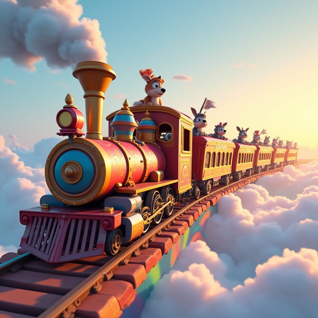 Magical Circus Train Soars Through Clouds in Vibrant, Whimsi...