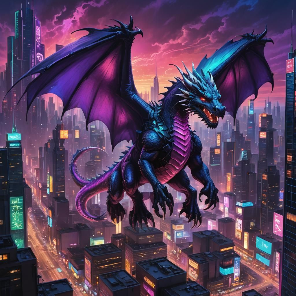 Cyberpunk Dragon Soaring Over Neon City at Dusk