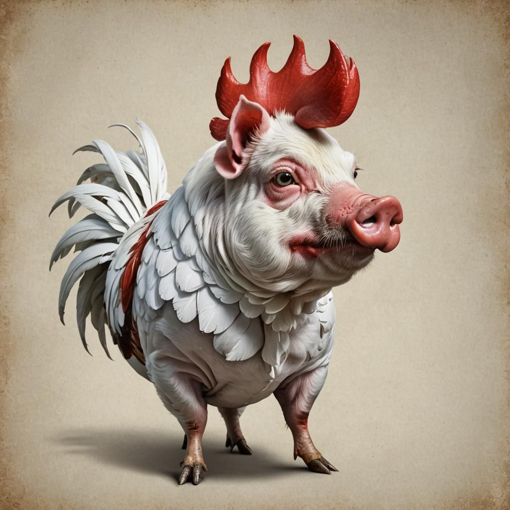 Disturbing Pig-Rooster Chimera in Hallucinatory Style