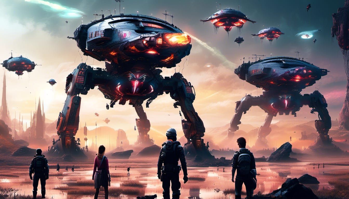 Futuristic Wasteland Battle with Starships and Soldiers