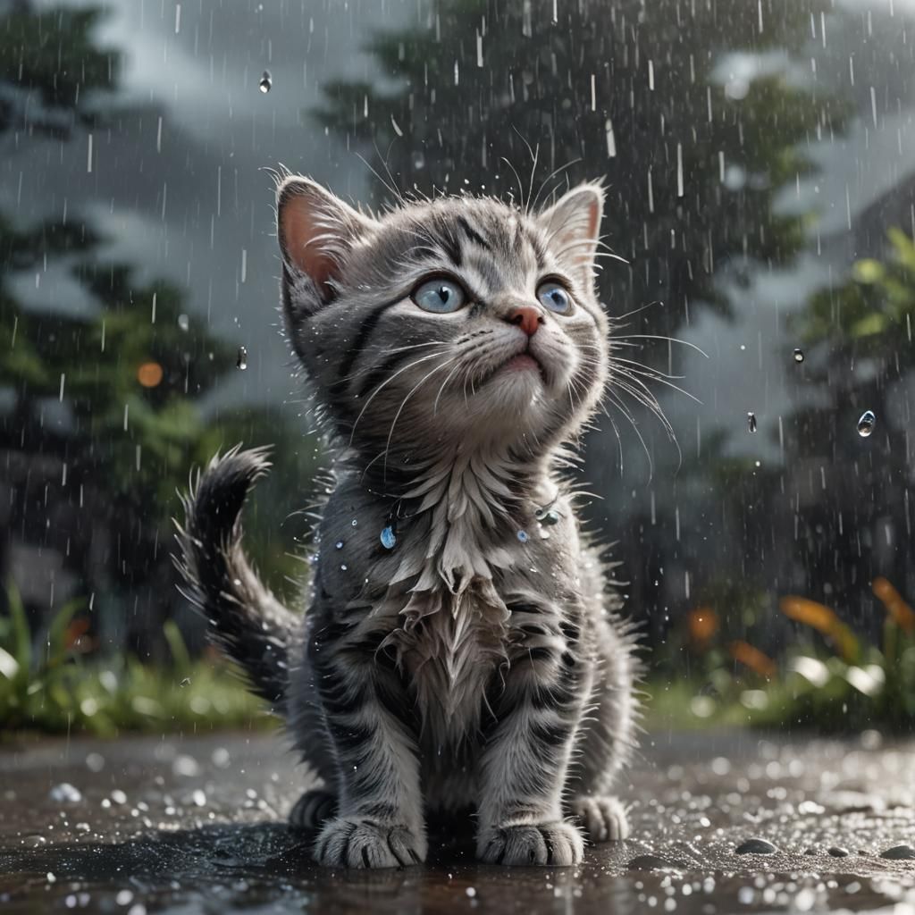 Grey Kitten in Rain: Detailed Matte Painting