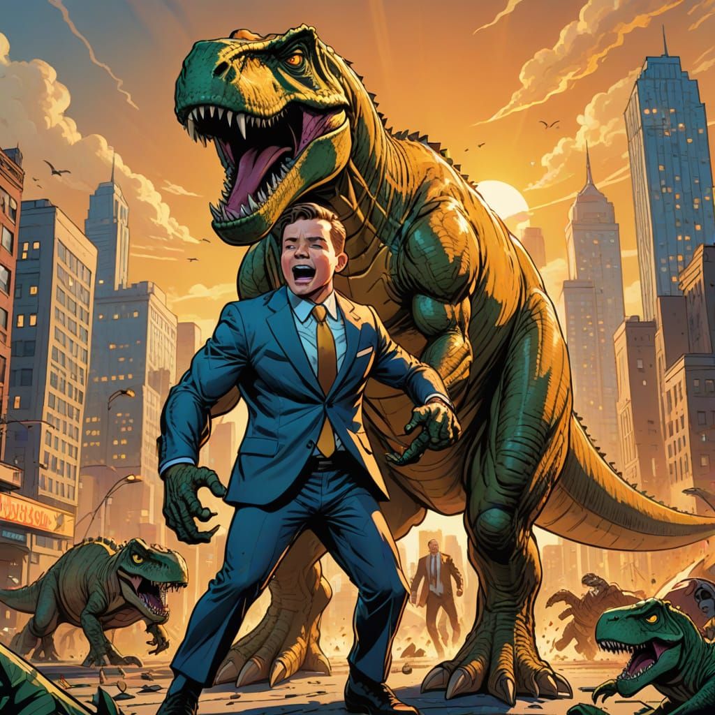 Super Dad Rescues Son From T-Rex in Comic Style