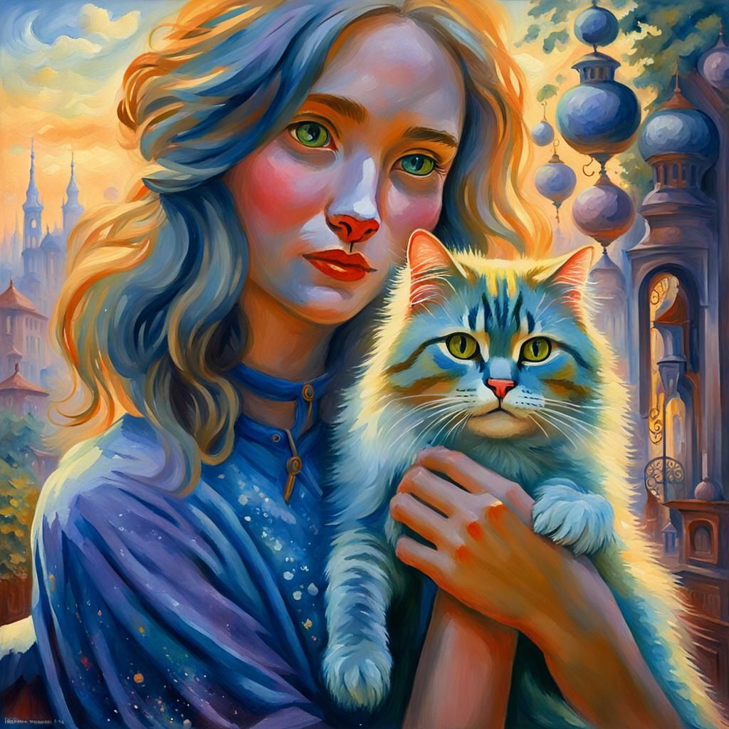Woman with Cat in Gouache Watercolor Style