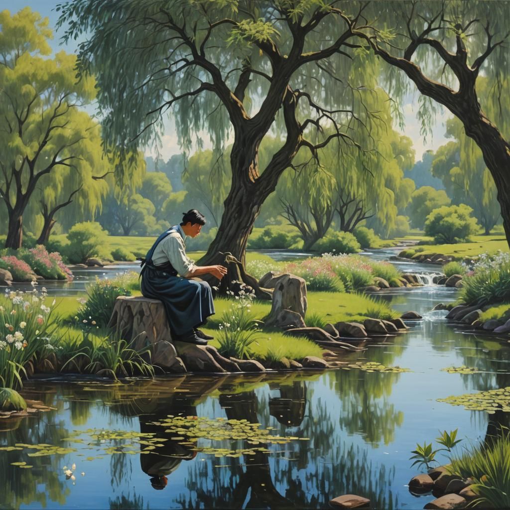 Willow Tree Scene in Oil Painting Style