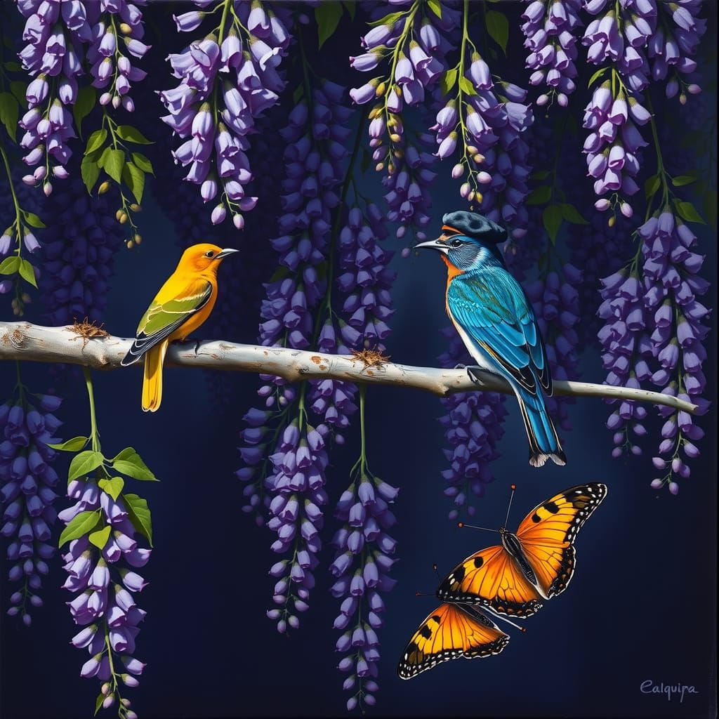 Wisteria Blooms in Harmony with Colorful Birds and a Butterf...