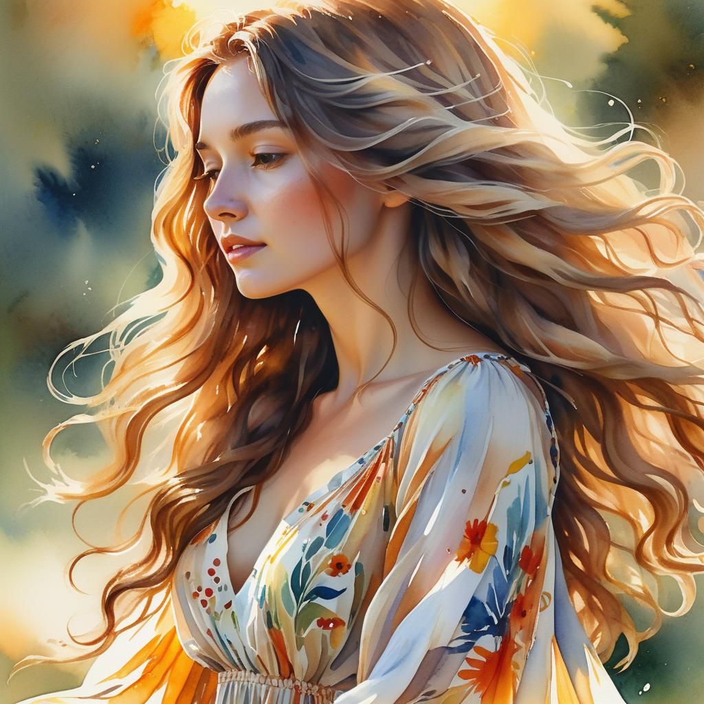 Serene Woman Portrait in Watercolor Style