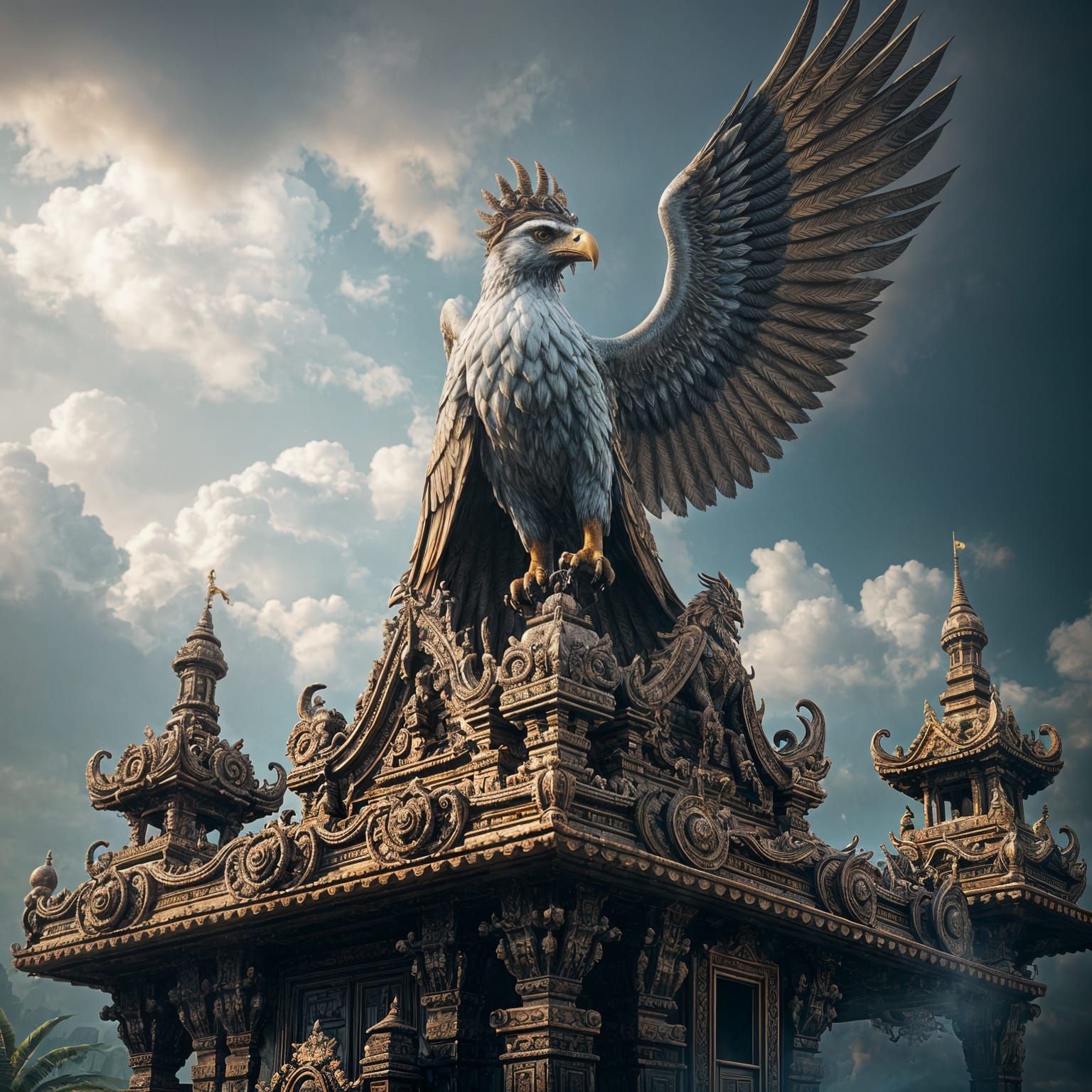 Garuda Eagle Soars Above Ornate Temple