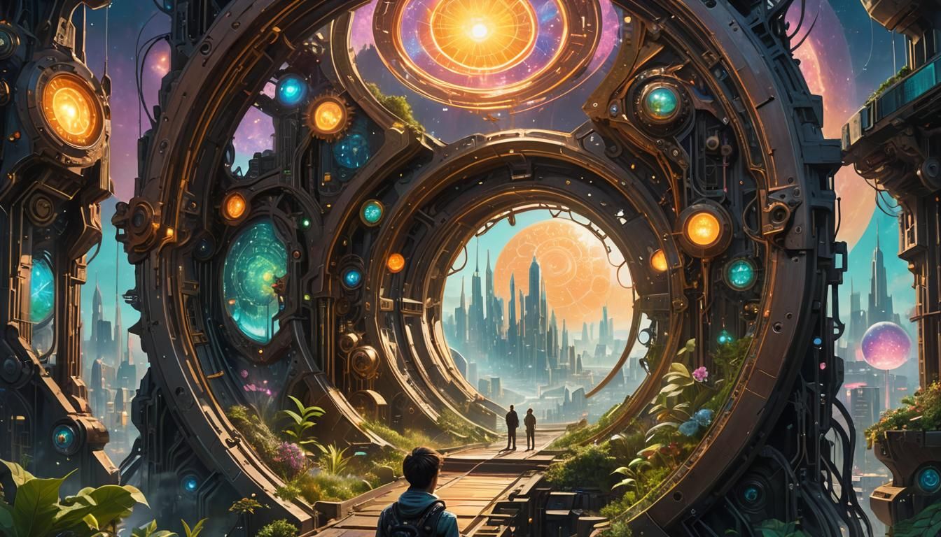 Solarpunk Interdimensional Portal in Futuristic Cityscape