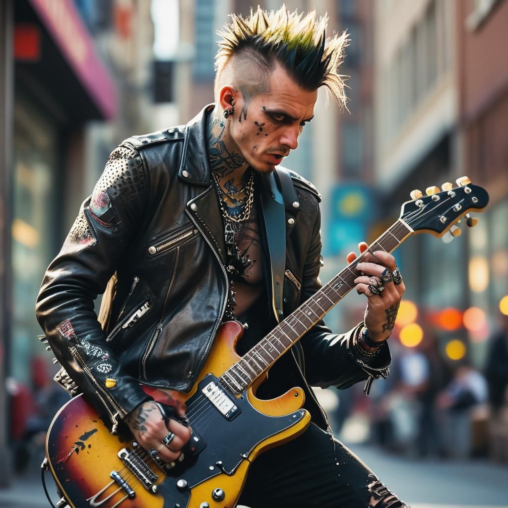 Punk Rocker Strums Guitar in Vibrant Street Photo