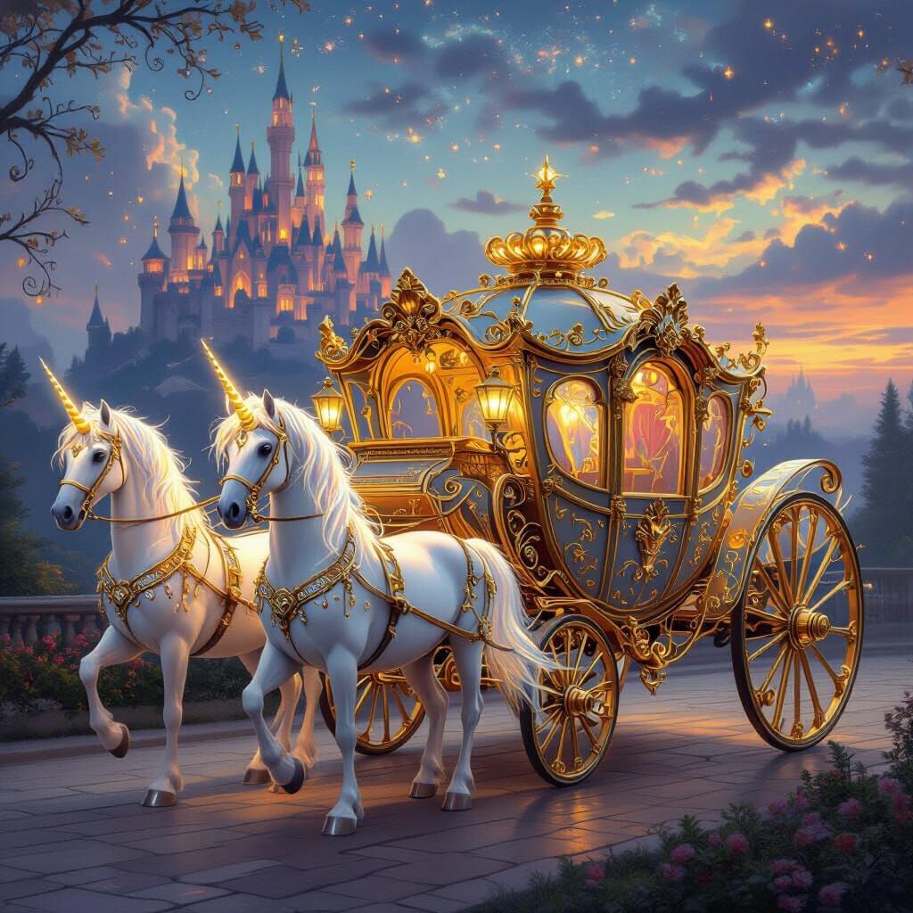 Royal Carriage Pulled by Unicorns at Twilight