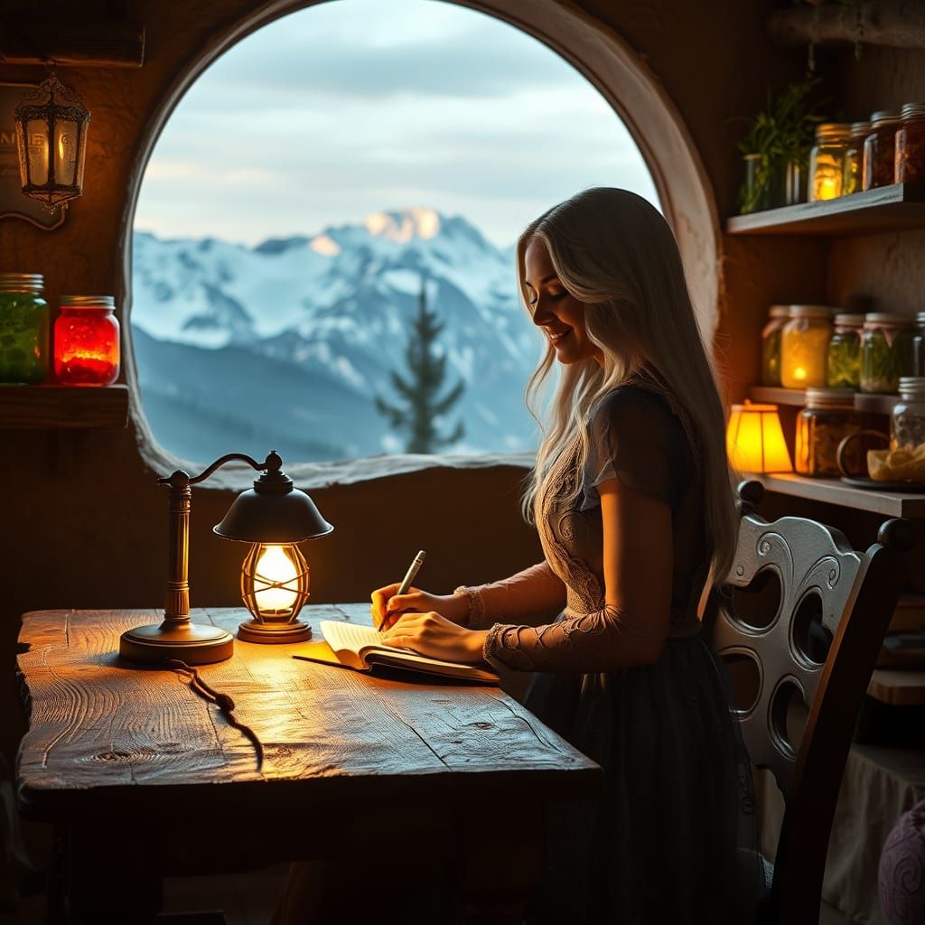 Mysterious Writer in a Dreamy, Snow-Capped Landscape