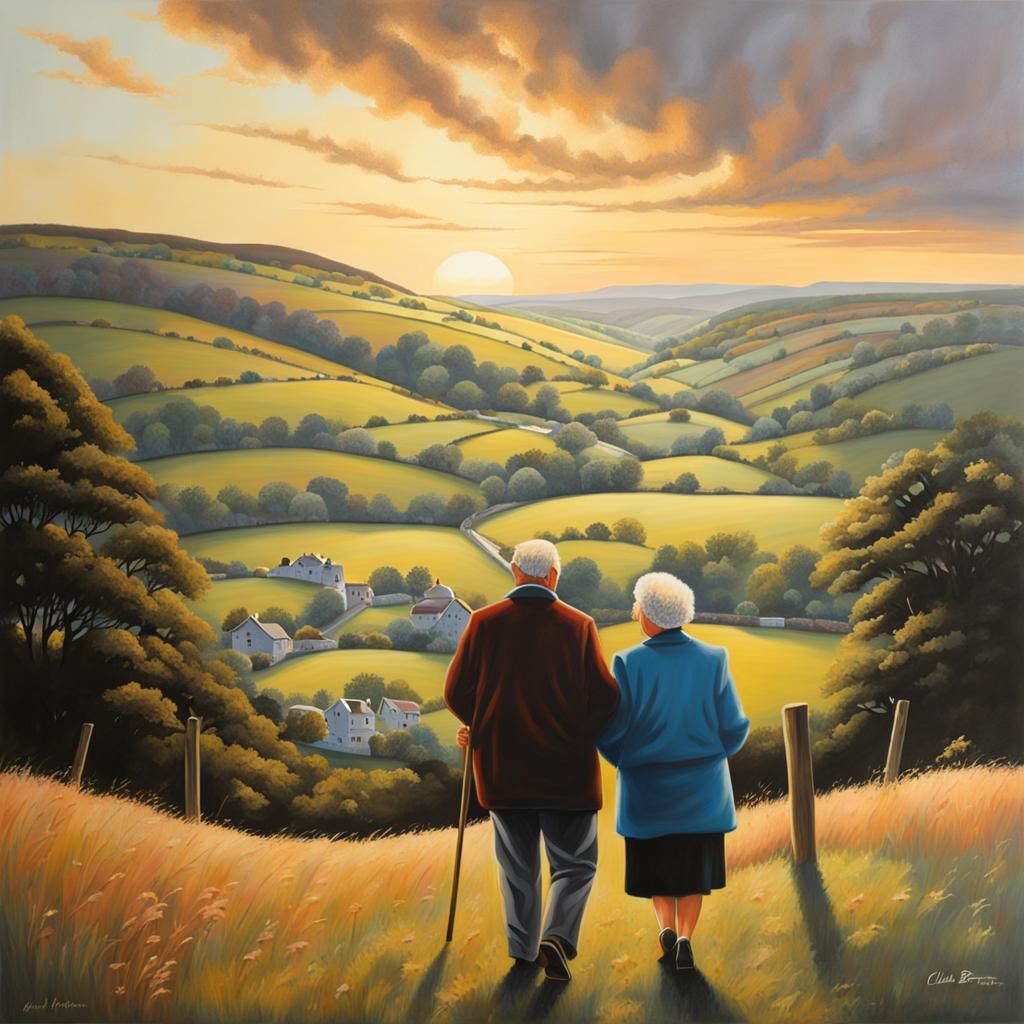 Elderly Couple Walking at Sunset: Impressionistic Landscape