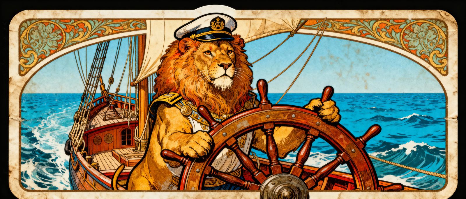 Lion Captain Sailing Galley in Vintage Sticker Style