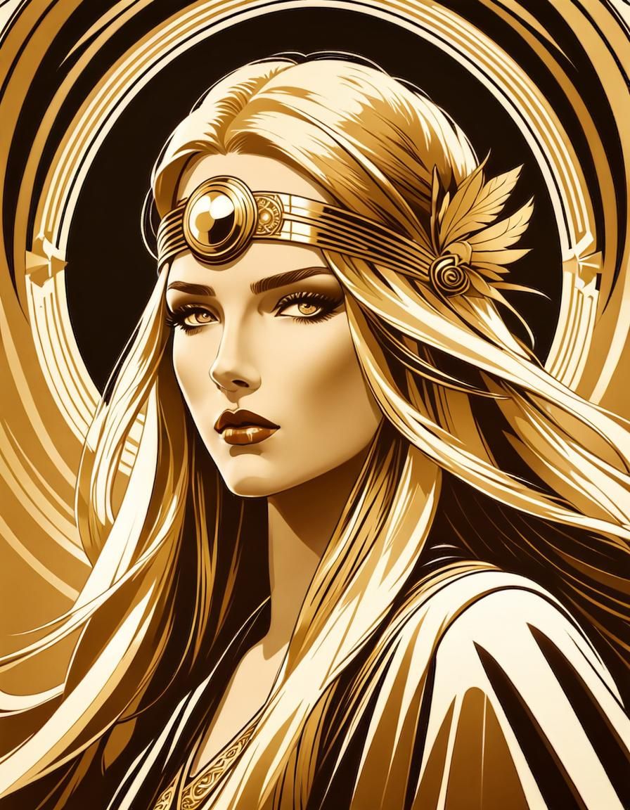 Art Deco Warrior Girl with Long Blond Hair