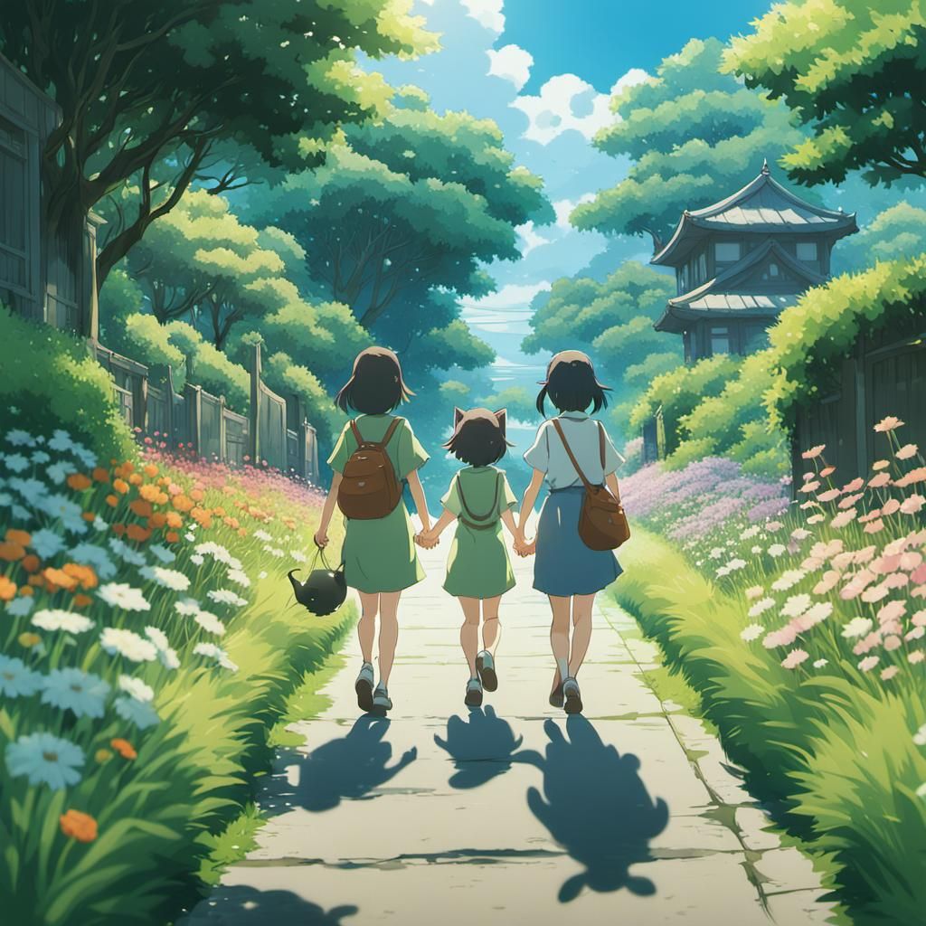 Girls Walking in Anime Style Garden