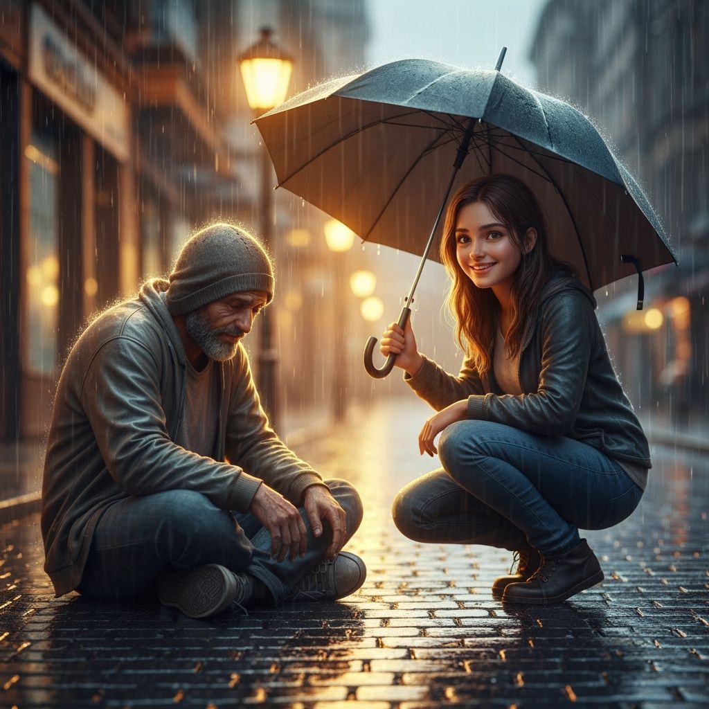 Compassionate Woman Shares Umbrella with Homeless Man