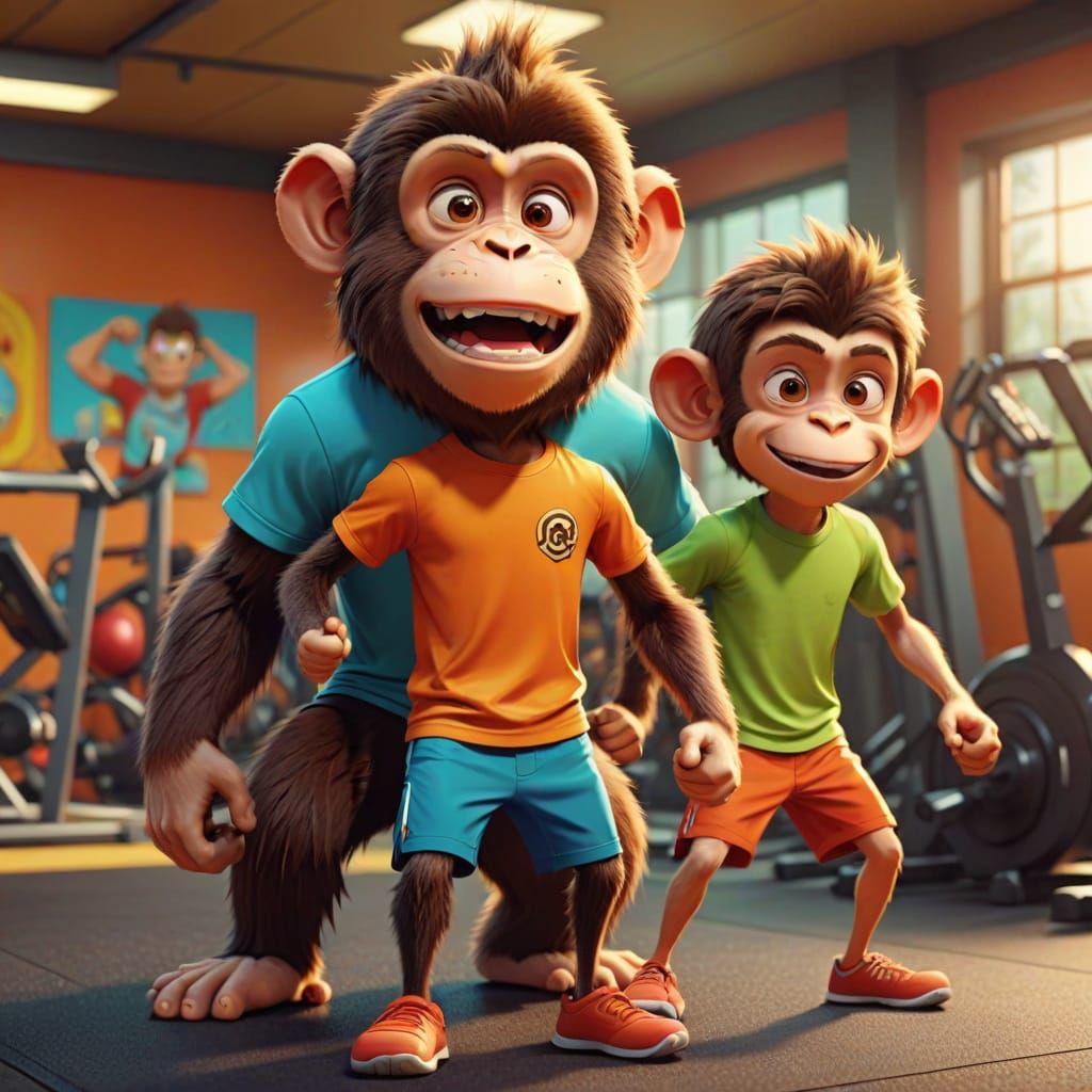 Monkey and Boy Gym Workout in Cartoon Style