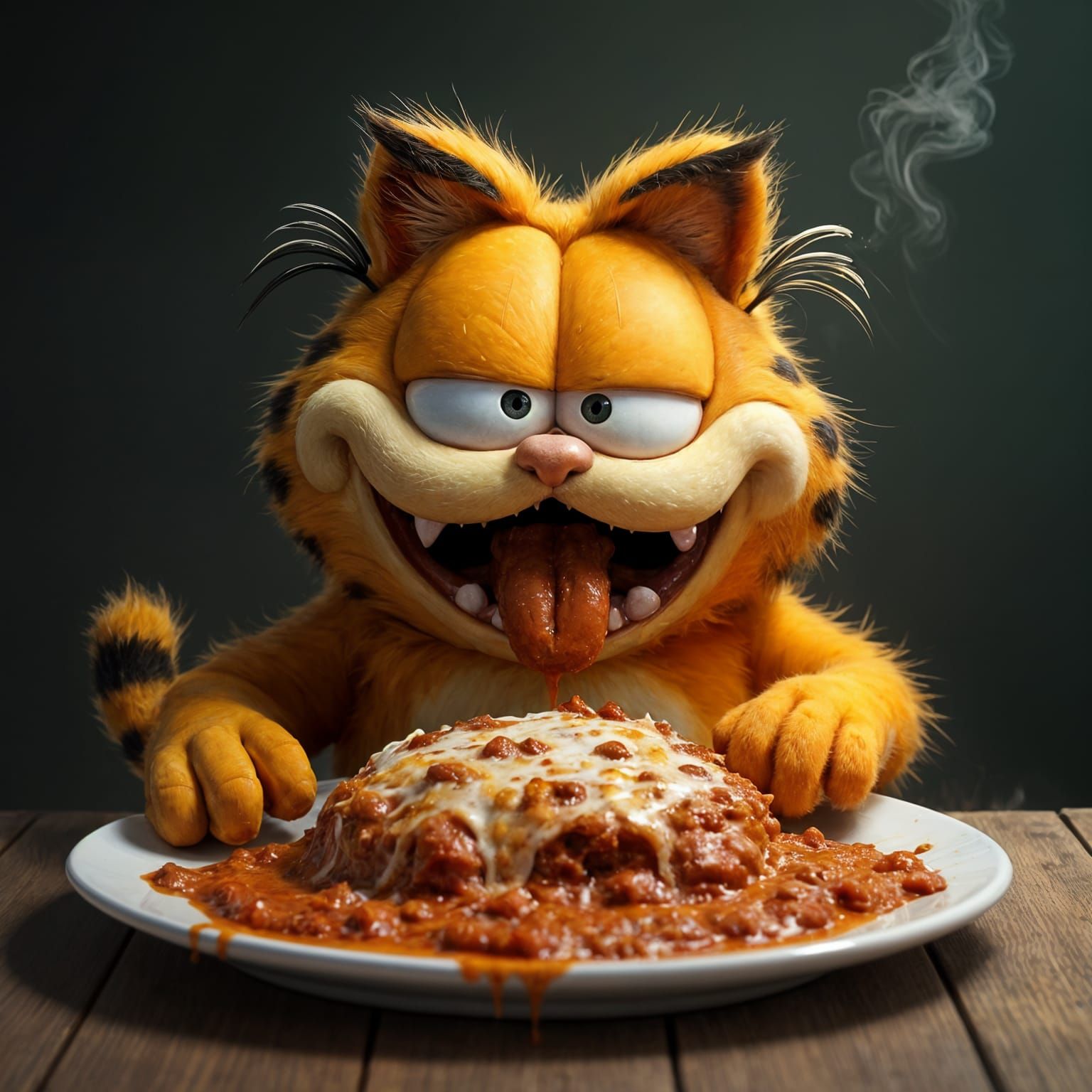 Garfield the Cat eating lasagna