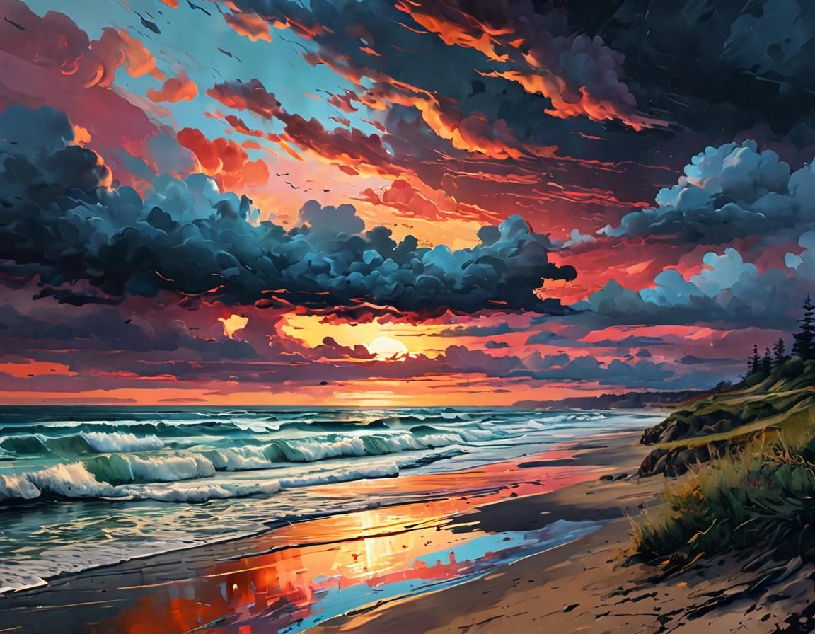 Coastal Sunset with Rolling Clouds in Grunge Style