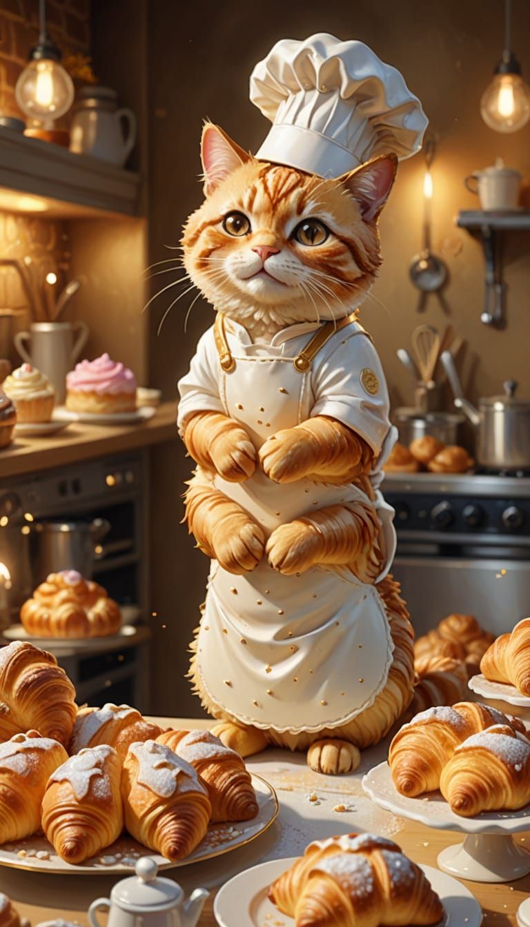 Croissant-Cat Baking Wedding Cake: Whimsical Concept Art