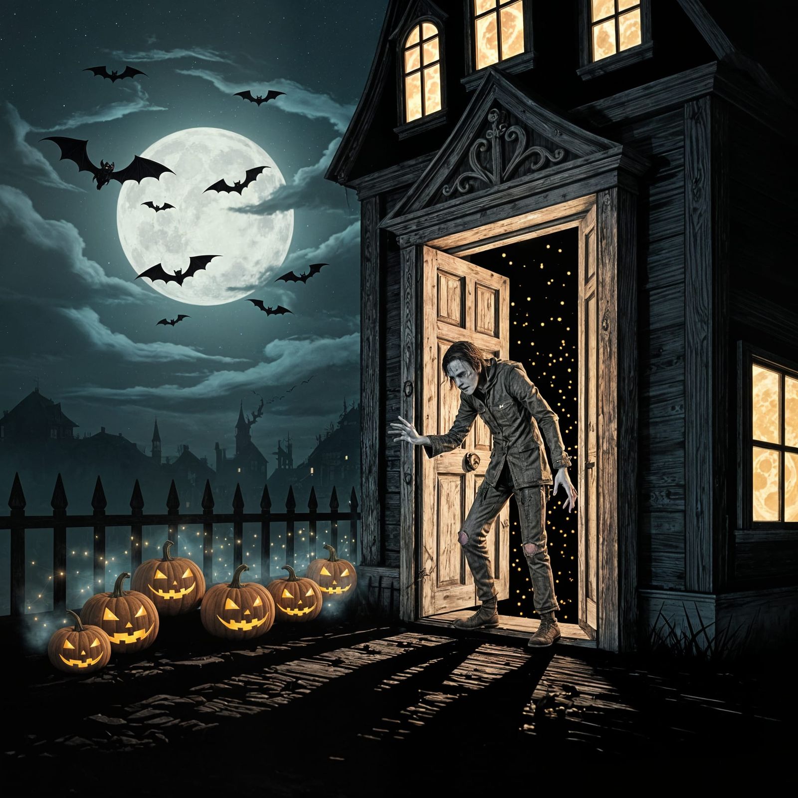 Glittering Haunted House Scene with Pumpkins