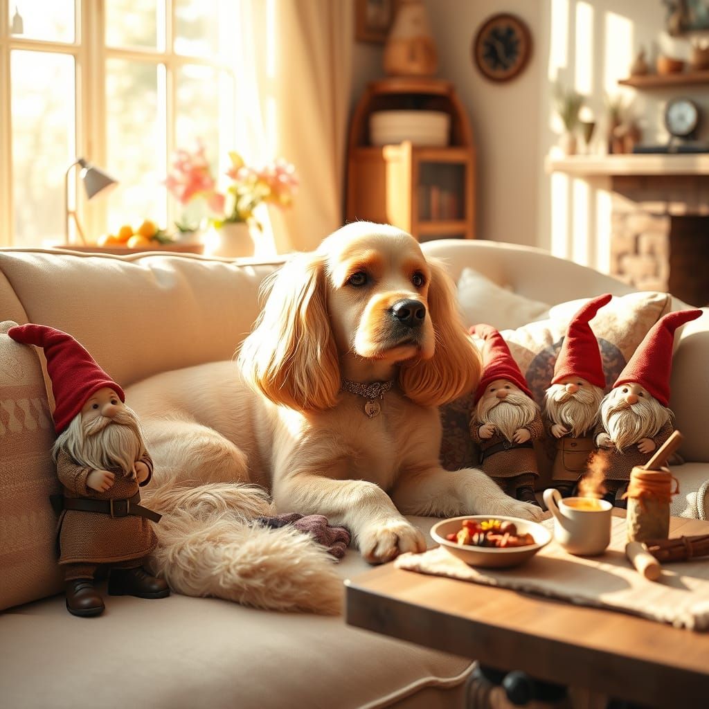 Cocker Spaniel and Gnomes in Sun-Drenched Living Room