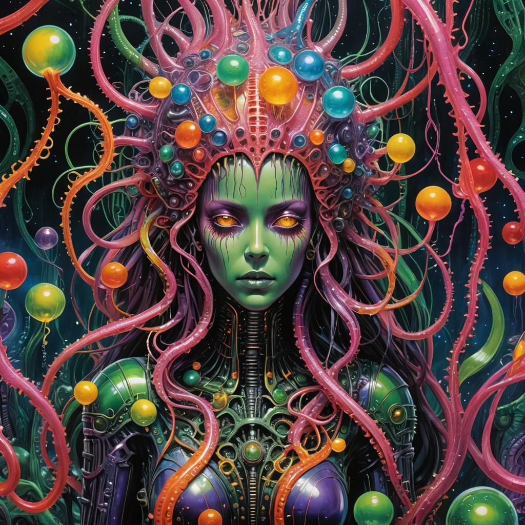 Gigeresque Alien Creature in Bioluminescent Landscape