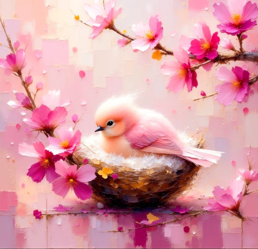 Pink Bird in Cherry Blossoms, Watercolour Painting