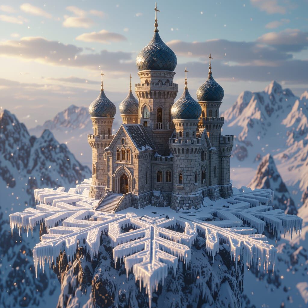 Majestic Castle on Snowflake in Cinematic Style