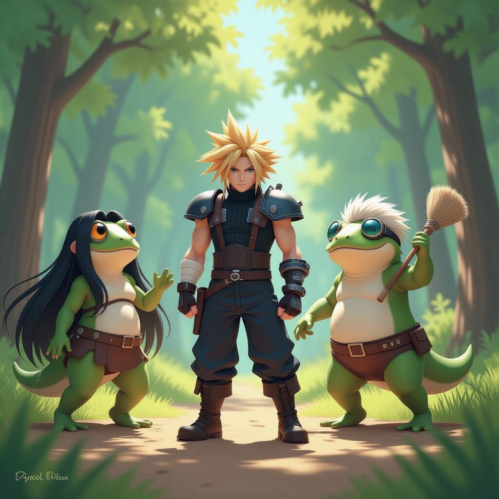 Cloud Strife and Dancing Frogs in Anime Style