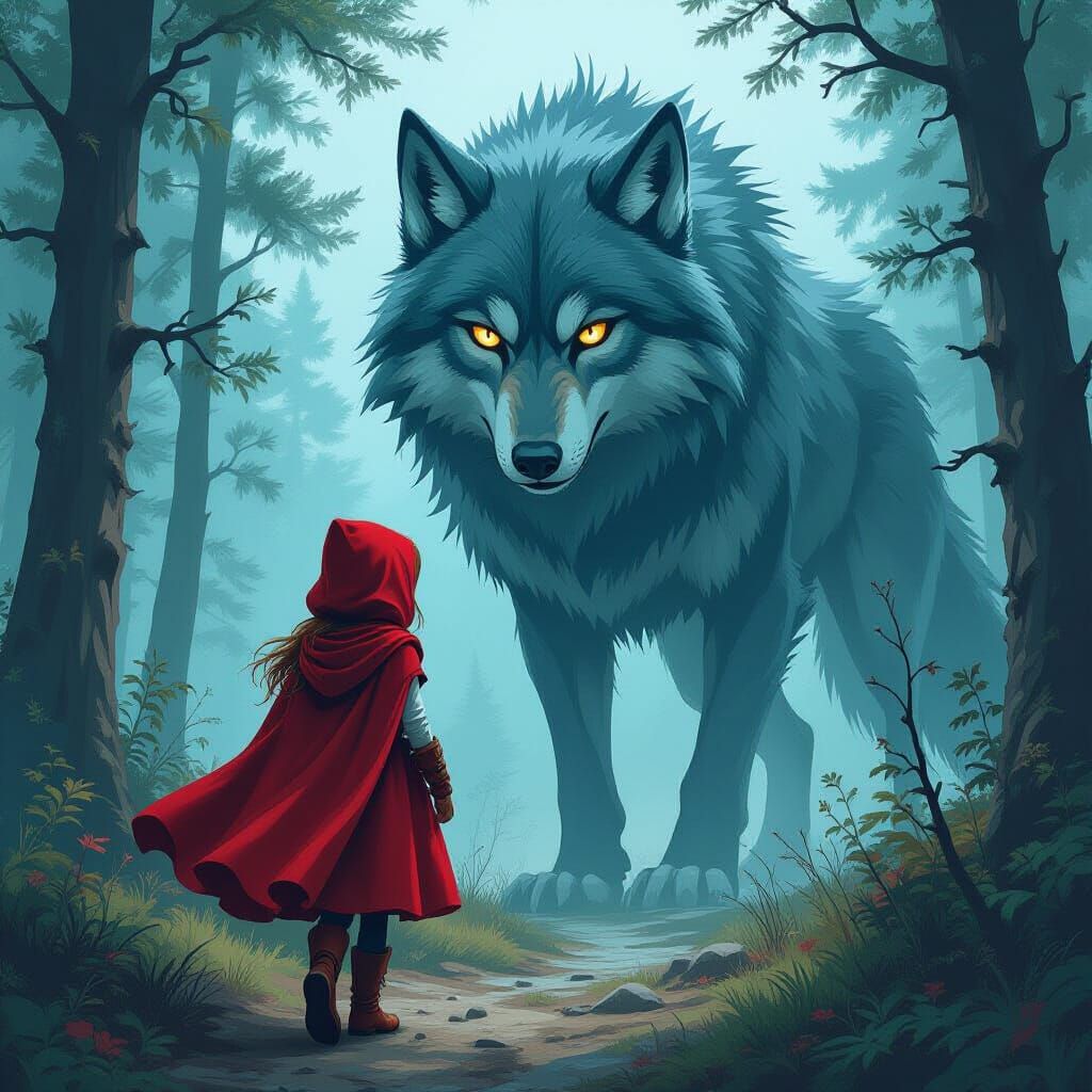 Crimson Cloaked Woman in Mystical Forest Landscape