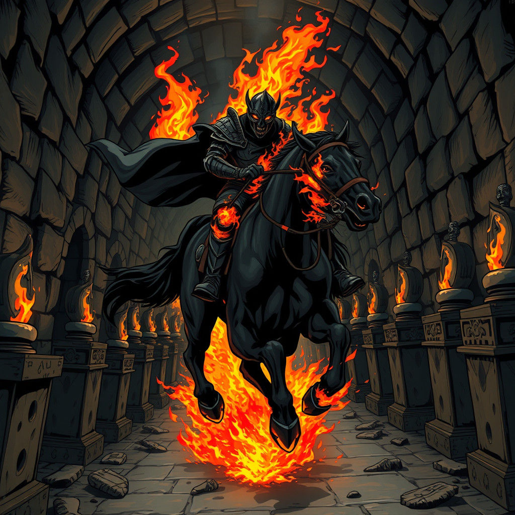 Flaming Headless Horseman in Dark Fantasy Catacombs