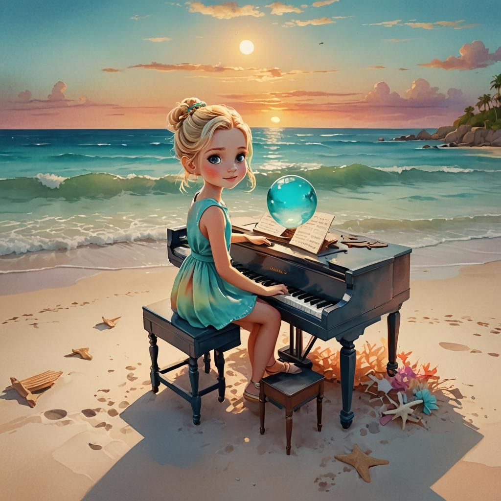 Girl at Beach Piano: Watercolor Digital Art