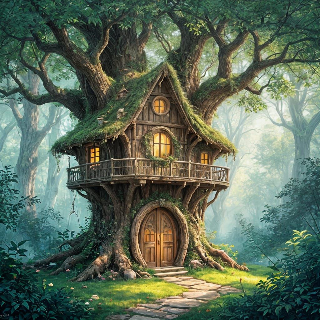 Enchanted Forest Treehouse Woven From Living Branches