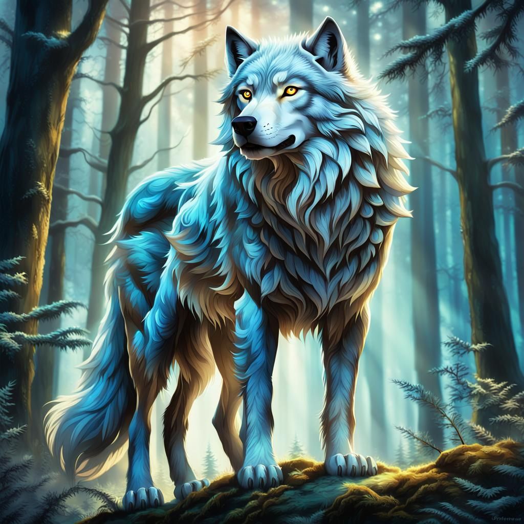 Ethereal Fantasy Wolf in Mystical Forest