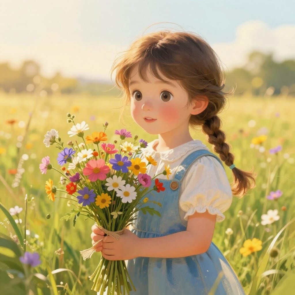 Girl with Wildflower Bouquet in Golden Hour Meadow