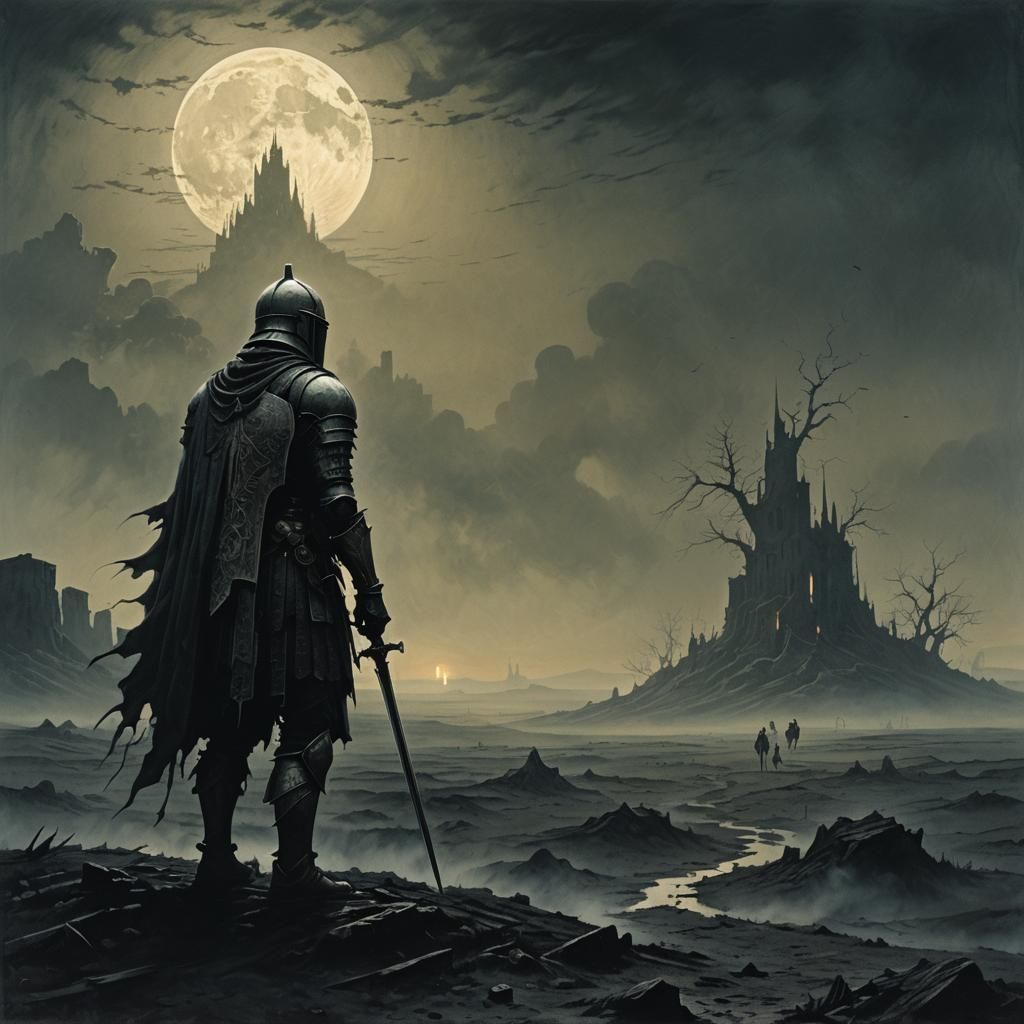 Knight in Dark Fantasy Landscape, in Dark Surrealist Style