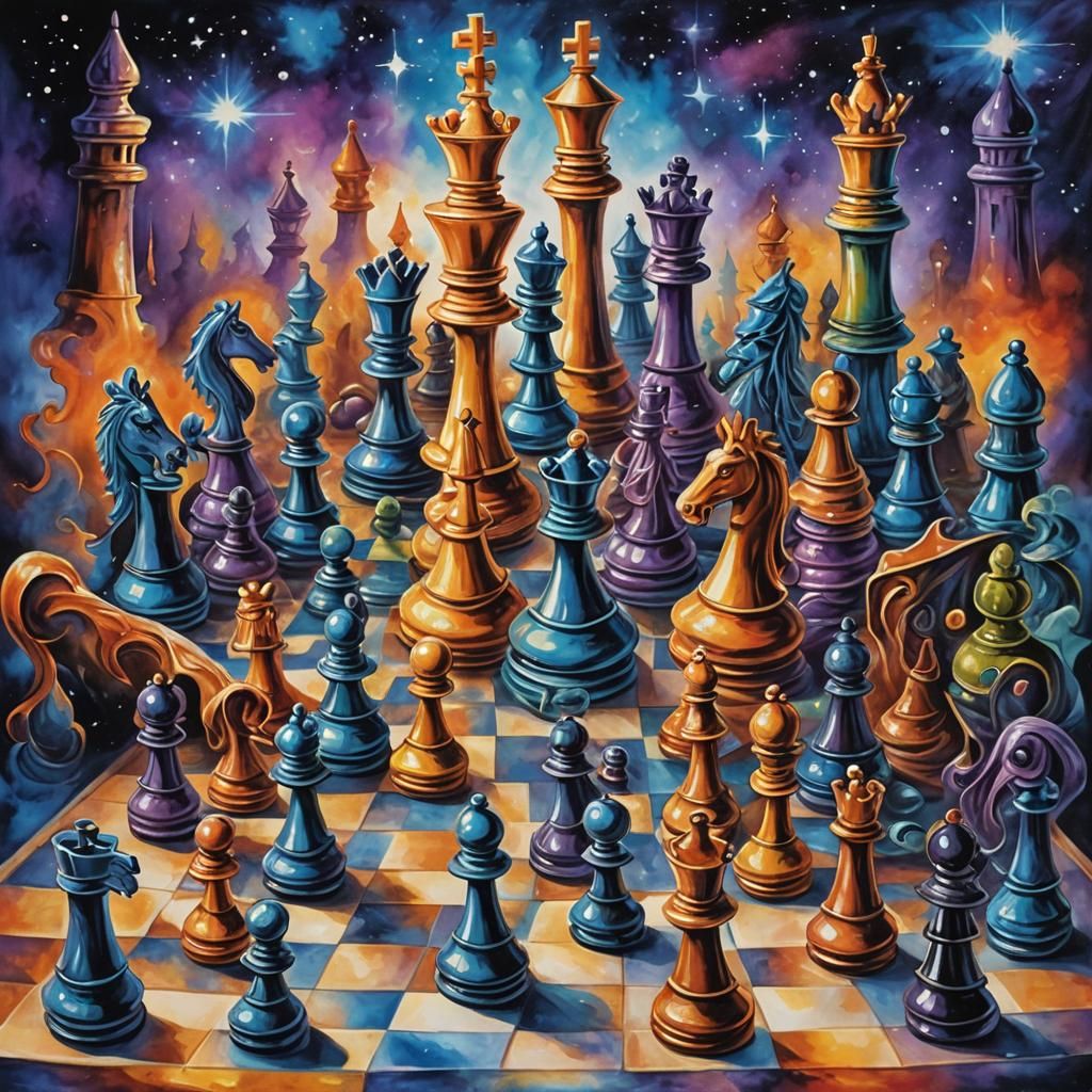 An oil ink airbrush illustration of a mystical chess game, w...