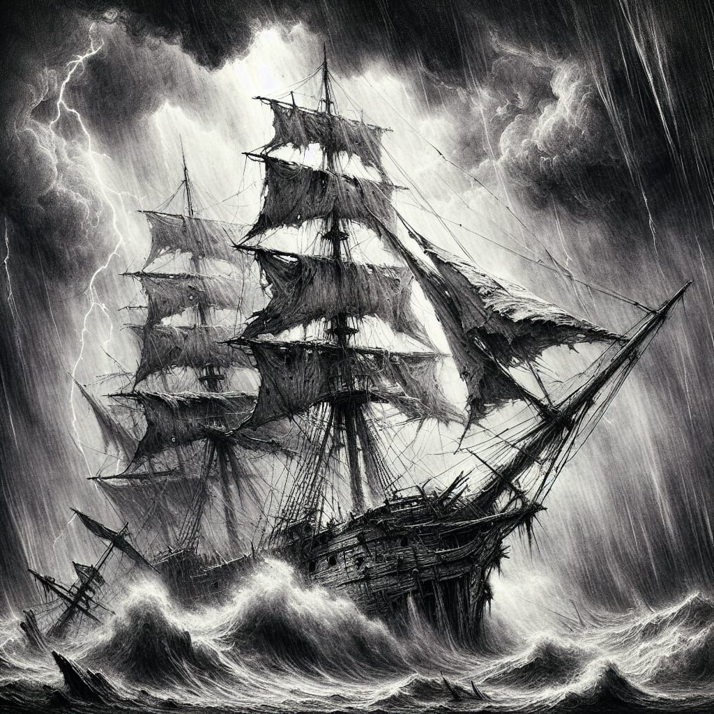 Ghost Schooner Emerges from Storm: Chiaroscuro Charcoal Art