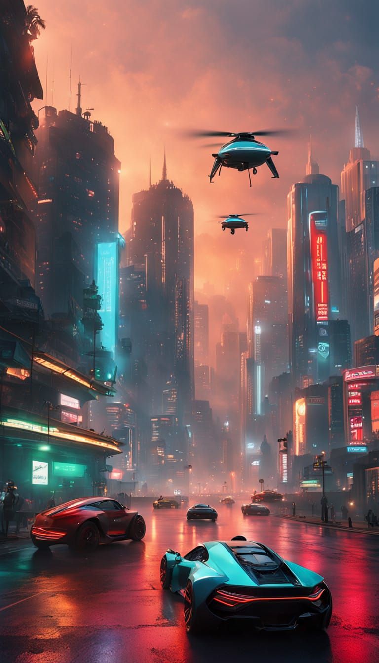 Cyberpunk Cityscape at Dusk in a Futuristic Metropolis