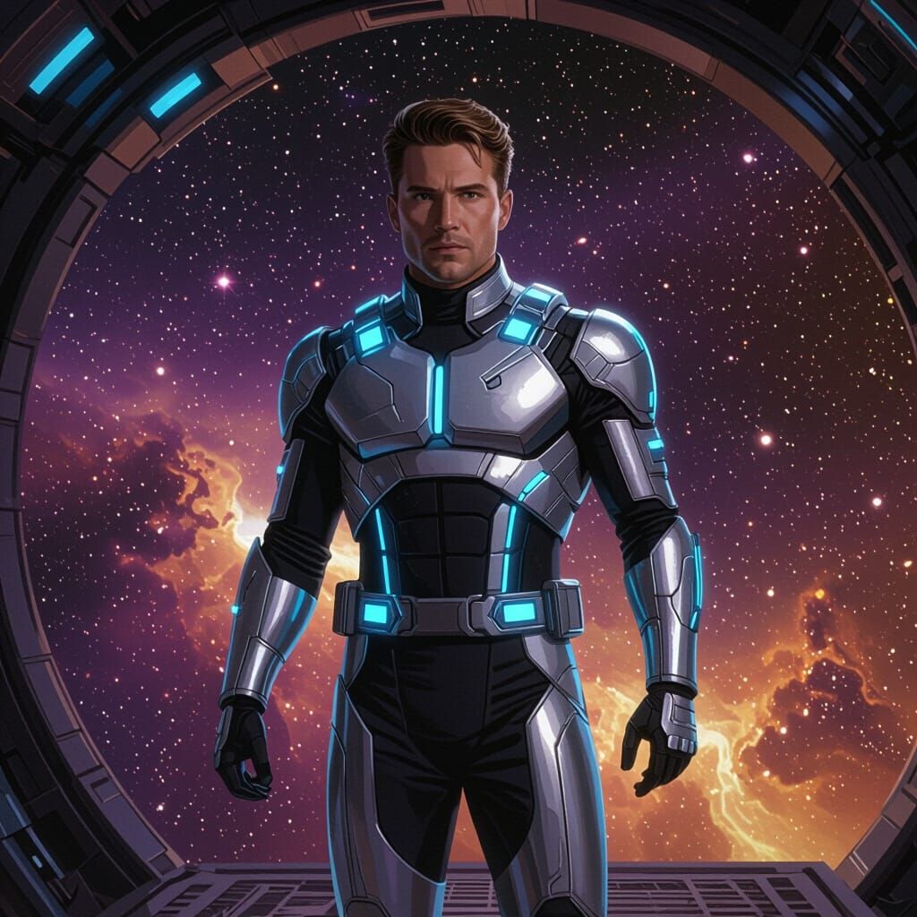 Futuristic Man in Silver Suit Amidst Cosmic Nebula