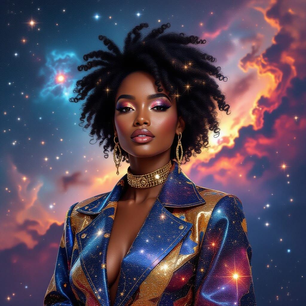 Surreal Afrofuturist Goddess Surrounded by Galaxies