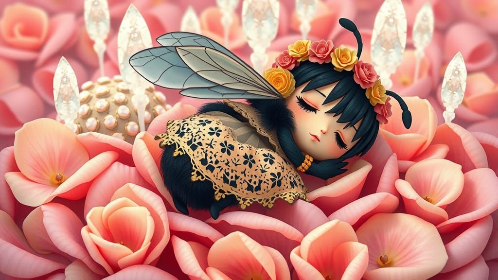 Gothic-Hippy Chibi Bumblebee in Rose Petal Fountain
