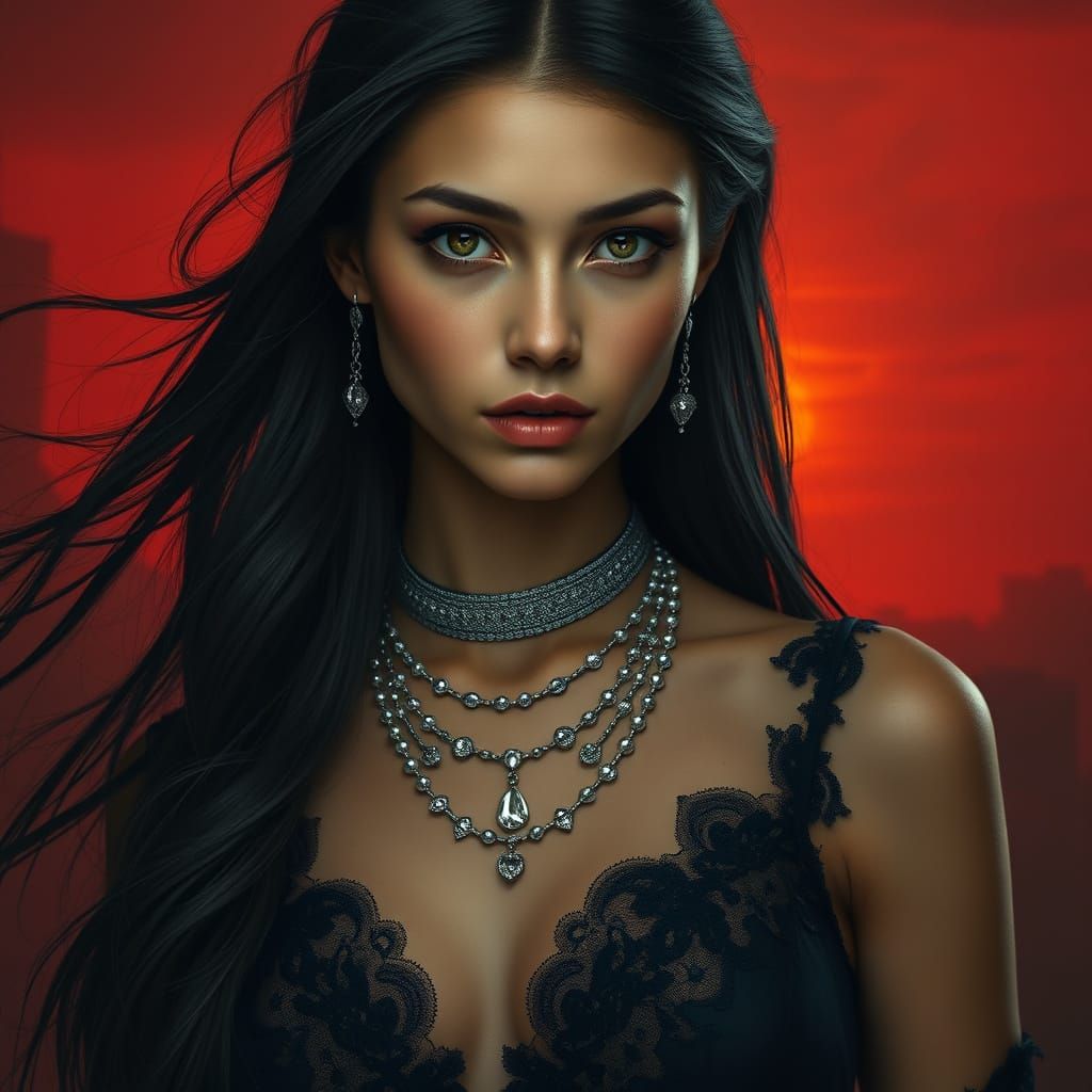 Elegant Kazakh Woman in Gothic Portrait, Dramatic Lighting